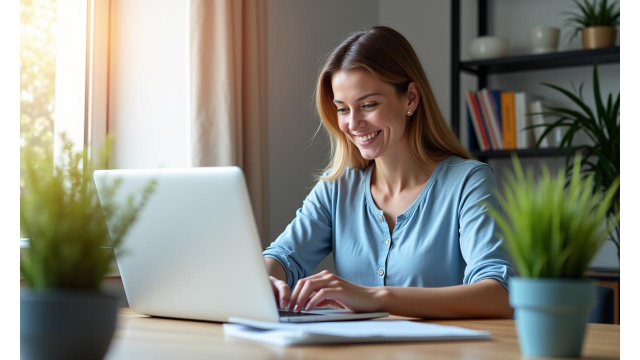 Mujer adulta sonriendo y trabajando cómodamente desde casa en un espacio bien iluminado con su portátil y una planta cercana, representando el equilibrio entre trabajo y bienestar.