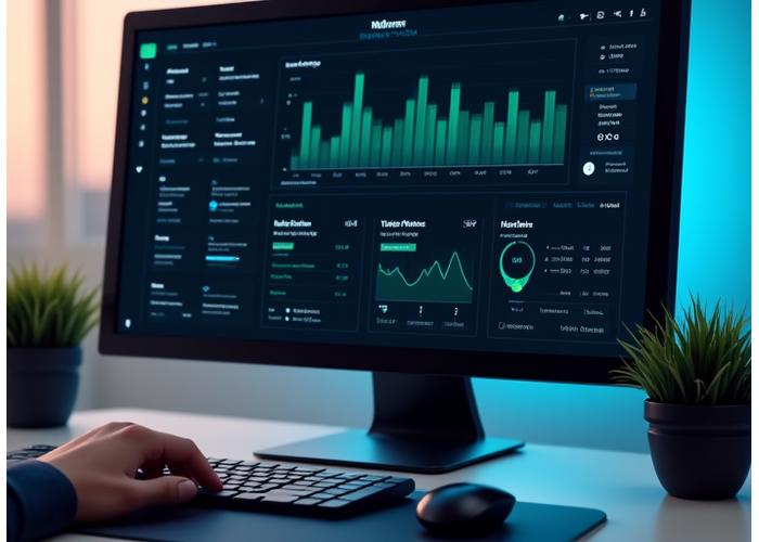 Tablero de control de bienestar digital con gráficos que muestran niveles de energía, seguimiento de tareas, recordatorios de micro-pausas y progreso de hábitos saludables, en una pantalla de computadora moderna.