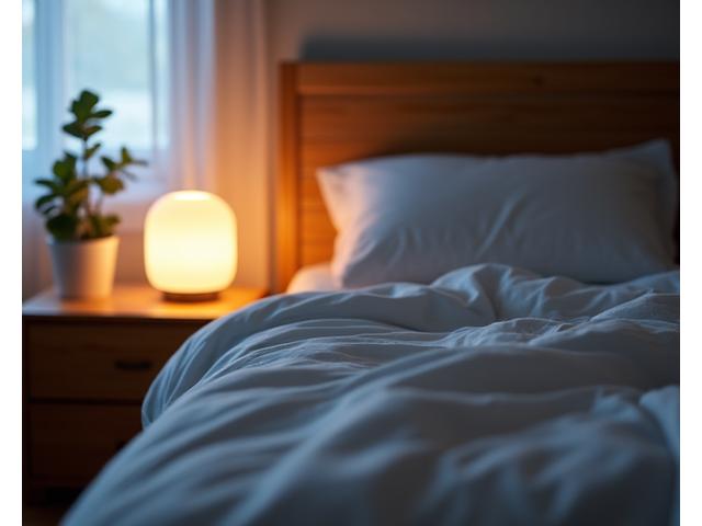 Habitación serena con cama confortable y luz tenue, simbolizando sueño reparador