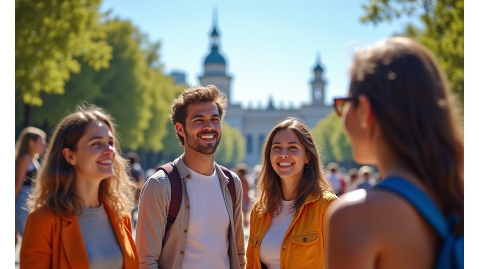 Grupo de personas sonriendo y charlando en un evento de bienestar al aire libre en un parque de Madrid