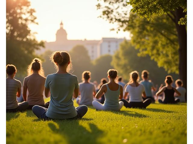 Grupo de Mindfulness en Madrid con personas meditando en un parque tranquilo de Madrid