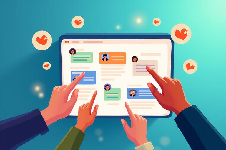 Imagen conceptual de un feed de redes sociales con publicaciones de miembros de la comunidad Ruta Vital celebrando logros de bienestar.