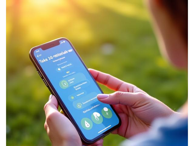 Persona adulta activa respondiendo a una notificación de bienestar en su smartphone, con iconos de recomendación como 'ejercicio' o 'descanso'.