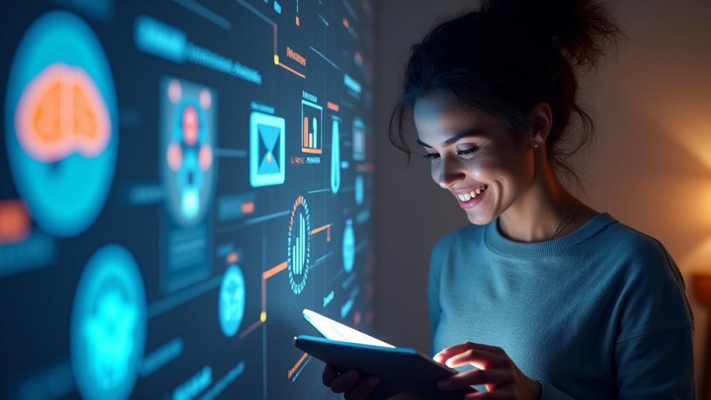 Representación gráfica de datos fluyendo de forma segura para servicios personalizados con iconos de engranajes y personas felices